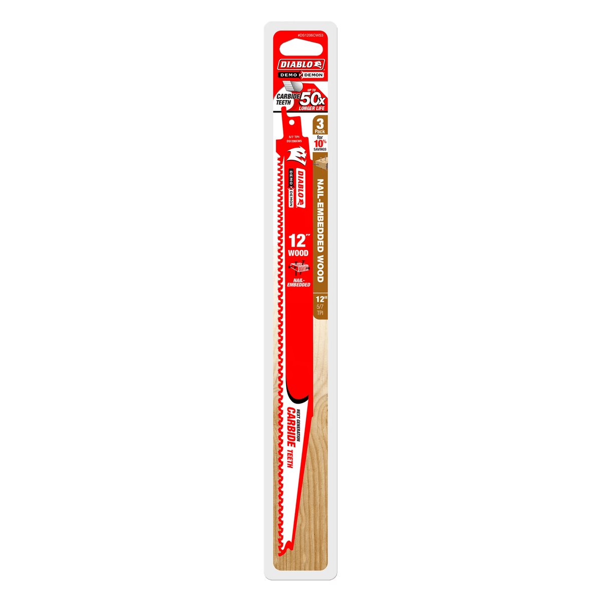 A professional retail shot of the 12 inch Diablo Demo Demon carbide reciprocating saw blade 3-pack in its original hanging card packaging. The design prominently displays the 50X longer life durability claim, the 10 percent savings value, and its specialized use for extreme demolition in nail-embedded wood.