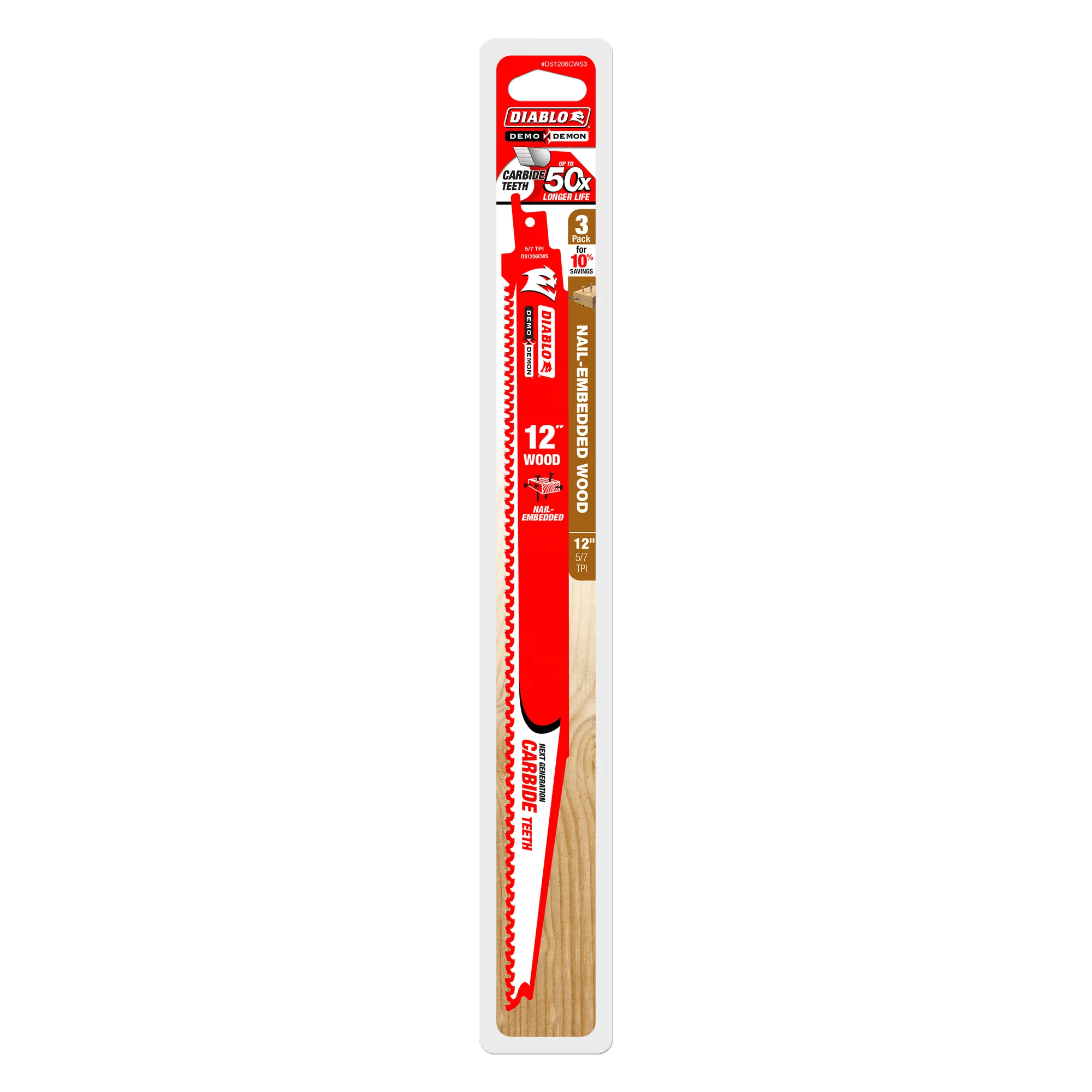 A professional retail shot of the 12 inch Diablo Demo Demon carbide reciprocating saw blade 3-pack in its original hanging card packaging. The design prominently displays the 50X longer life durability claim, the 10 percent savings value, and its specialized use for extreme demolition in nail-embedded wood.