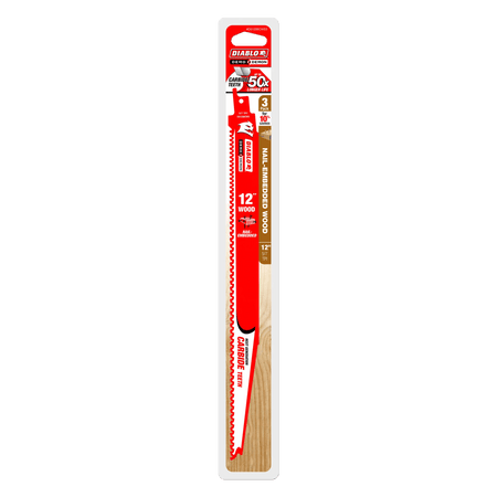 A professional retail shot of the 12 inch Diablo Demo Demon carbide reciprocating saw blade 3-pack in its original hanging card packaging. The design prominently displays the 50X longer life durability claim, the 10 percent savings value, and its specialized use for extreme demolition in nail-embedded wood.