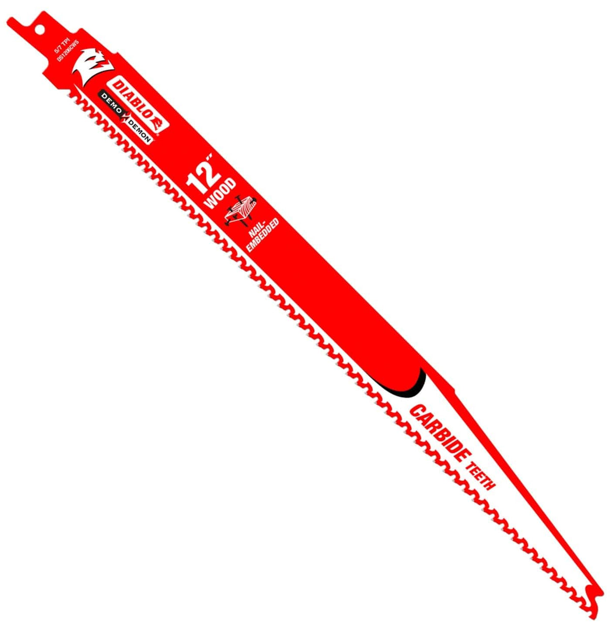 A high-resolution product photograph of a single 12 inch Diablo Demo Demon carbide teeth reciprocating saw blade. The blade features a vibrant red finish with white and black branding, highlighting its 5/7 TPI variable tooth design and optimization for nail-embedded wood demolition in heavy structural timber.