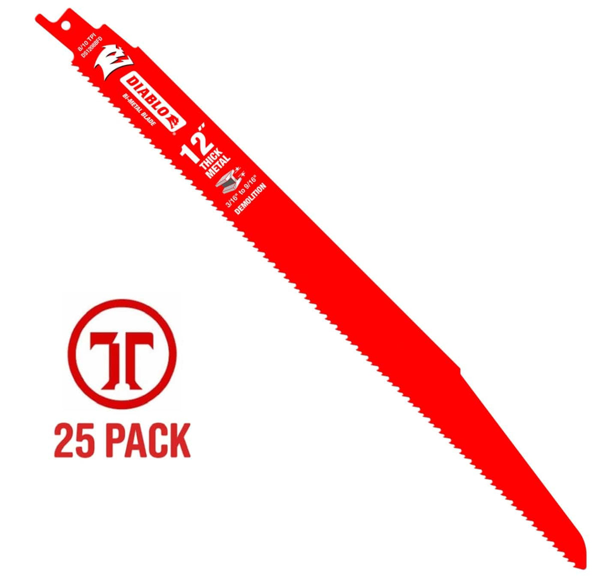 A studio product photograph of a single 12 inch Diablo bi-metal reciprocating saw blade designed for thick metal demolition. The blade features a vibrant red Perma-SHIELD coating with white and black branding, highlighting the 8/10 TPI dual tooth design. A red 25-pack graphic is featured to the left to indicate bulk quantity.