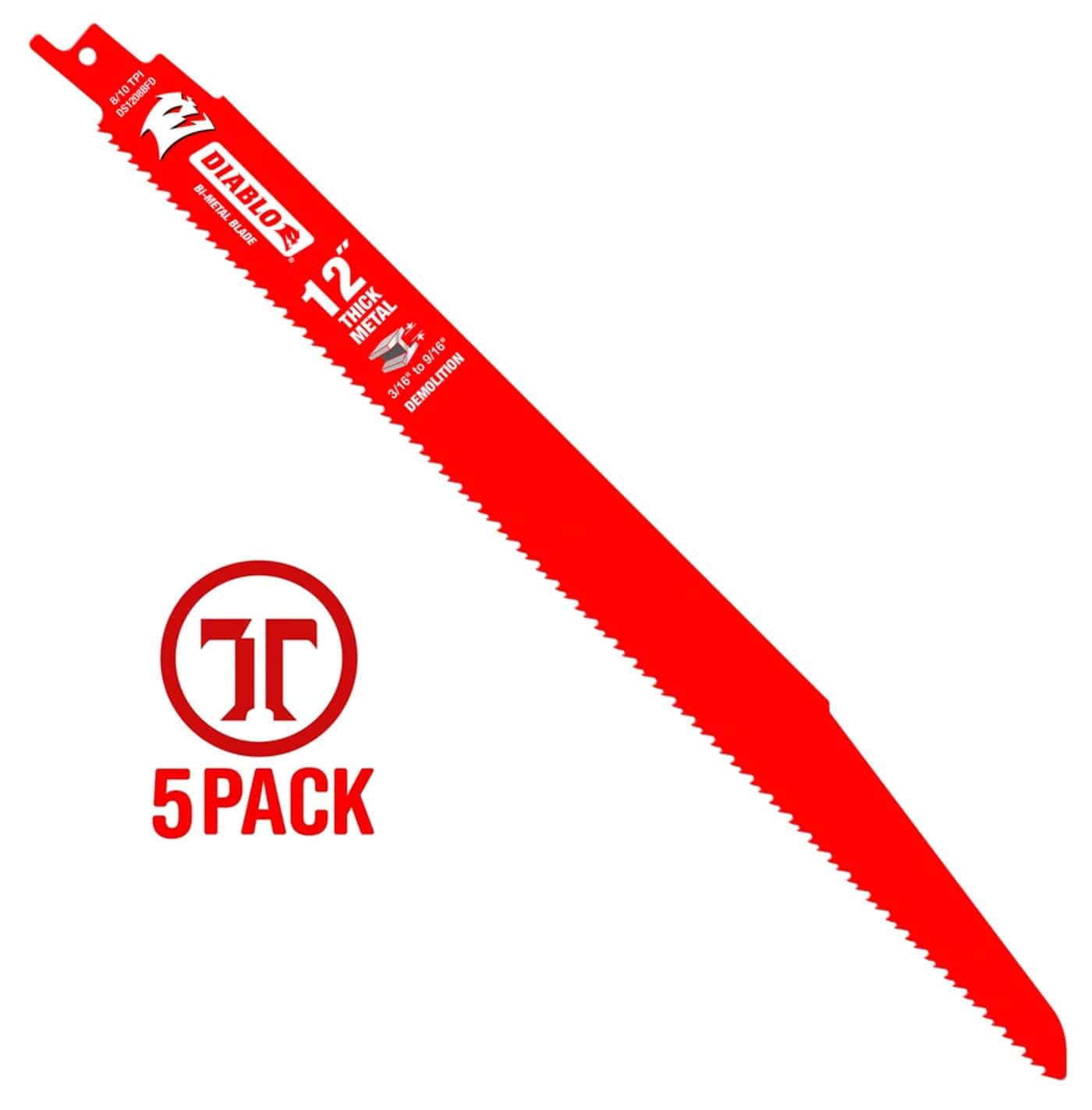 Diablo DS1208BFD5 12-inch bi-metal thick metal demolition reciprocating saw blade featuring a 5-pack icon.