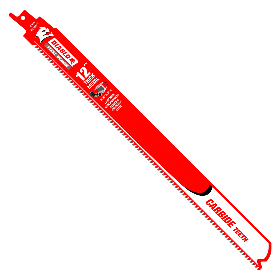 A high-resolution product photograph of a single 12 inch Diablo Steel Demon carbide teeth reciprocating saw blade. The blade features a vibrant red finish with white and black branding, highlighting the 8 TPI tooth count and optimization for thick metal between 3/16 inch and 9/16 inch.