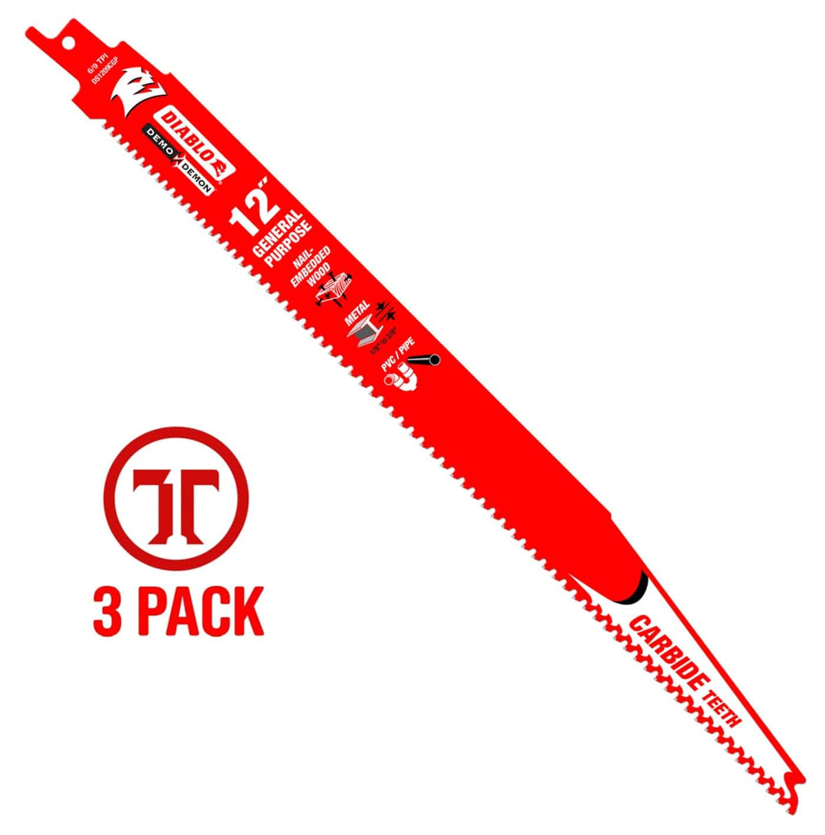 A high-resolution product photograph of a single 12 inch Diablo Demo Demon carbide teeth reciprocating saw blade. The red blade features white and black branding, highlighting the 6/9 TPI variable tooth design and its optimization for general purpose wood and metal cutting. A red 3-pack graphic is featured on the left to indicate bulk quantity.