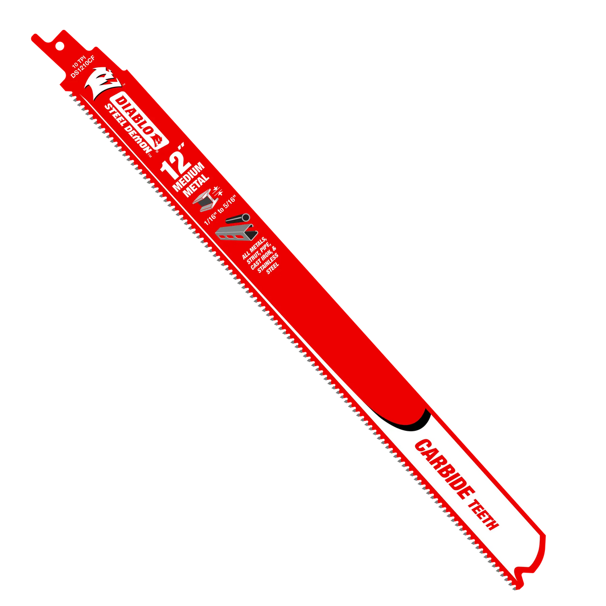 A studio graphic of the Diablo DS1210CF 12-Inch Steel Demon reciprocating saw blade, showcasing the bright red body, the white carbide teeth tip designation, and printed icons for medium metal application limits ranging from 1/16 in. to 5/16 in. thick against a white background.