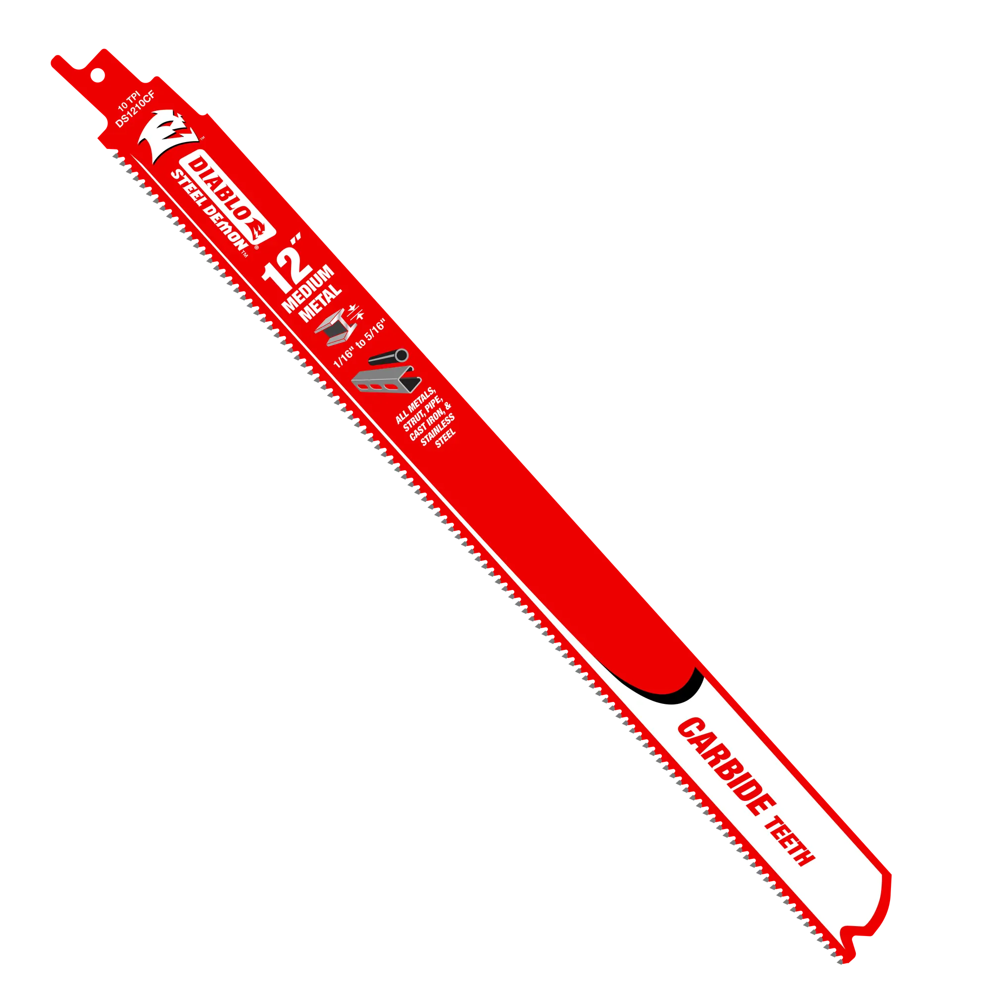 A studio graphic of the Diablo DS1210CF 12-Inch Steel Demon reciprocating saw blade, showcasing the bright red body, the white carbide teeth tip designation, and printed icons for medium metal application limits ranging from 1/16 in. to 5/16 in. thick against a white background.