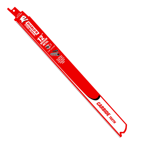 A studio graphic of the Diablo DS1210CF 12-Inch Steel Demon reciprocating saw blade, showcasing the bright red body, the white carbide teeth tip designation, and printed icons for medium metal application limits ranging from 1/16 in. to 5/16 in. thick against a white background.