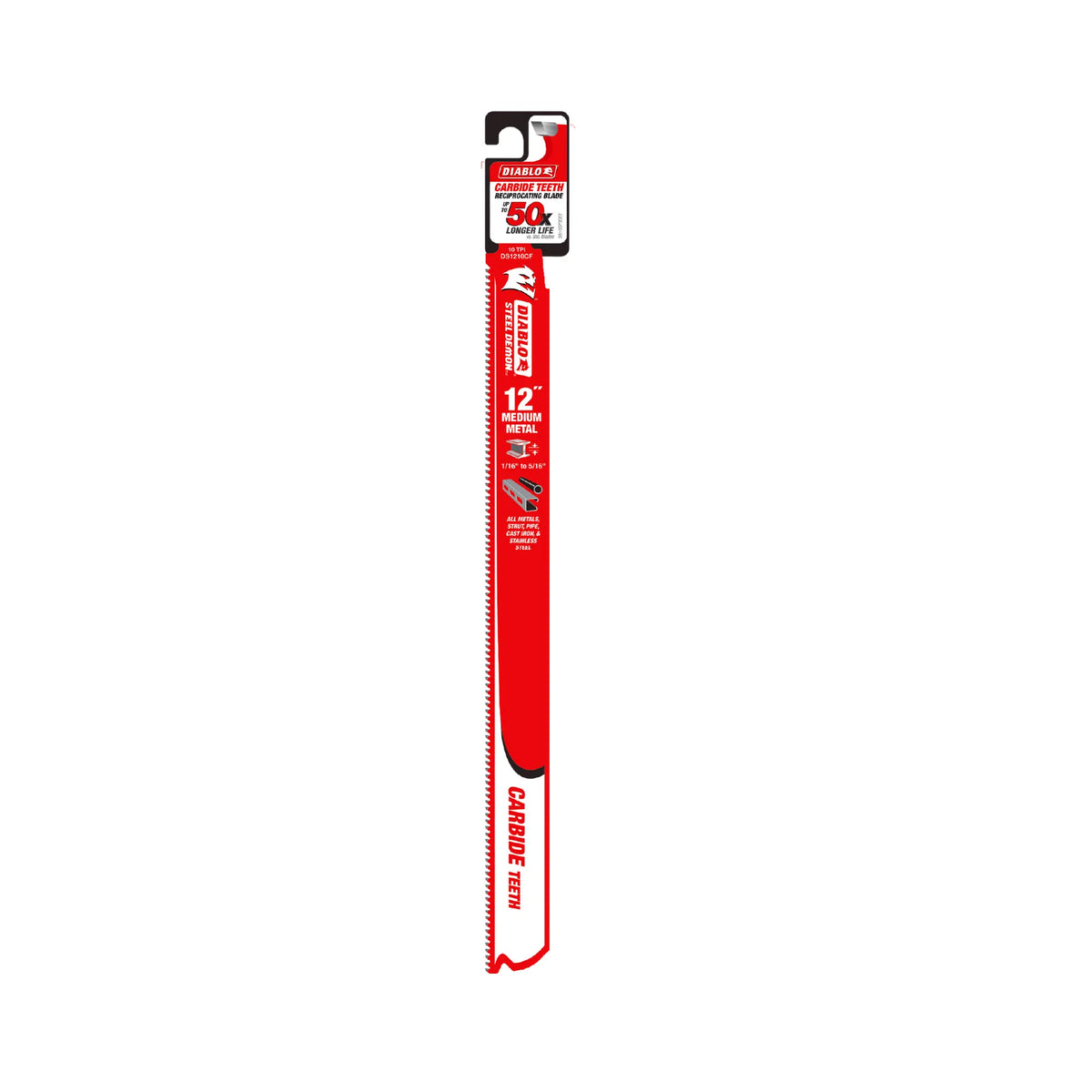 The Diablo Steel Demon 12-inch carbide-tipped reciprocating saw blade enclosed in its individual retail hang-tag packaging, highlighting the red finish and prominent text denoting 50X longer cutting life compared to standard blades.
