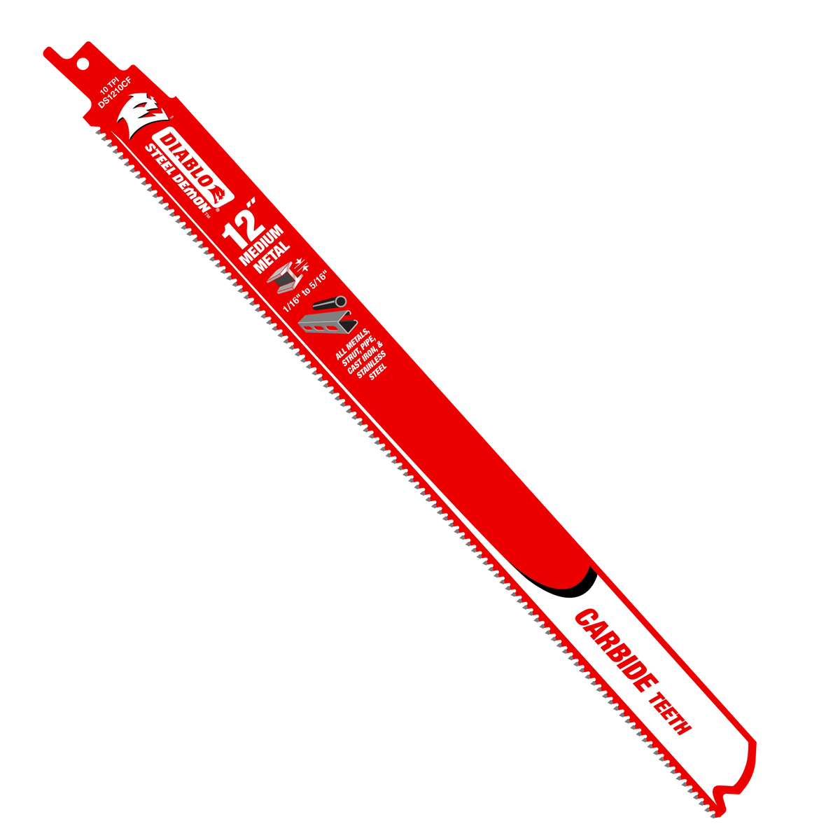 A high-resolution product photograph of a single 12 inch Diablo Steel Demon carbide teeth reciprocating saw blade. The red blade features white and black branding, highlighting the 10 TPI tooth design and its optimization for medium metal materials between 1/16 inch and 5/16 inch.