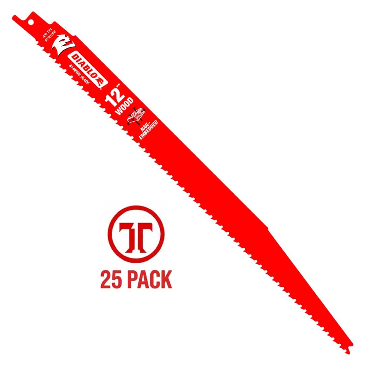 A studio product shot of a red Diablo 12-inch bi-metal reciprocating saw blade with 4/6 variable TPI for nail-embedded wood, positioned diagonally on a white background with a circular 25 pack label displayed below.