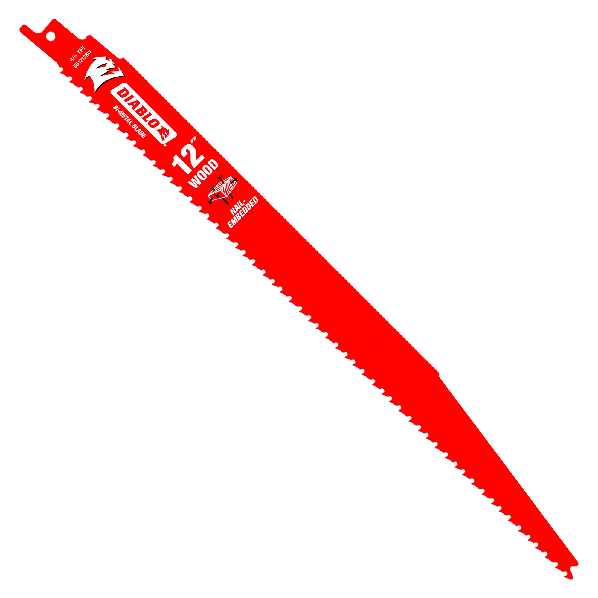 A clean, isolated product view of a single red Diablo 12-inch variable tooth reciprocating saw blade featuring white technical markings for wood and nail-embedded applications, angled over a solid white background.