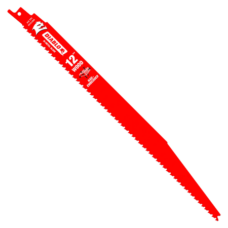 A clean, isolated product view of a single red Diablo 12-inch variable tooth reciprocating saw blade featuring white technical markings for wood and nail-embedded applications, angled over a solid white background.