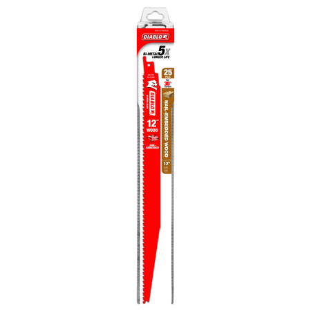 The retail protective sleeve packaging for the Diablo DS1212BW25 bi-metal reciprocating saw blades, showing a long, vertical clear plastic organizer sleeve containing the 25-pack bulk quantities with graphic highlights showing up to 5X longer life.
