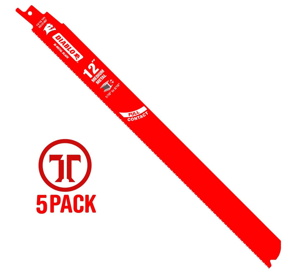 Diablo DS1214BF5 12-inch bi-metal reciprocating saw blade for medium metal cutting with a 5-pack icon.