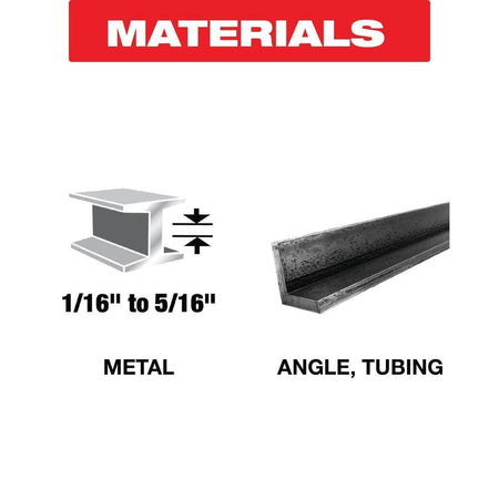 Material compatibility chart indicating the Diablo 12-inch bi-metal reciprocating saw blade cuts 1/16-inch to 5/16-inch thick metal, angle iron, and tubing.