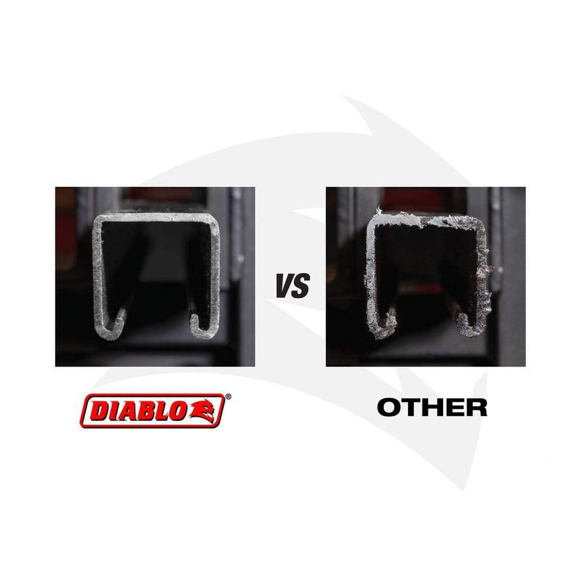 Cut quality comparison demonstrating a clean, smooth metal cut with the Diablo bi-metal reciprocating saw blade versus a rough, jagged cut from a standard blade.