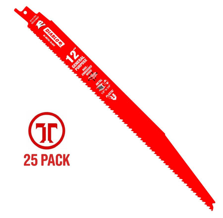 A high-resolution product photograph of a single 12 inch Diablo bi-metal reciprocating saw blade. The blade features a vibrant red Perma-SHIELD coating with white and black branding, detailing its 8/14 TPI variable tooth design and general-purpose optimization for wood, metal, and plastic. A red 25-pack graphic is featured to the left to indicate the bulk quantity.