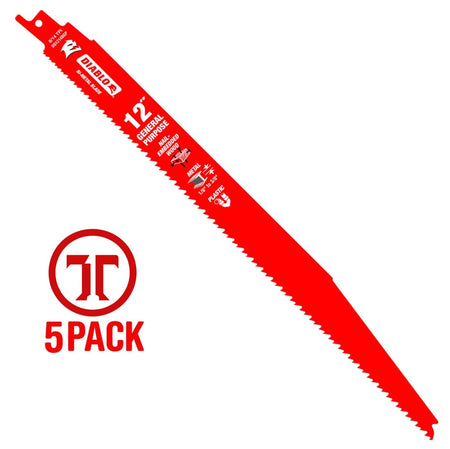 Diablo DS1214BGP5 12-inch bi-metal general purpose reciprocating saw blade for wood, metal, and plastic cutting, featuring a 5-pack icon.