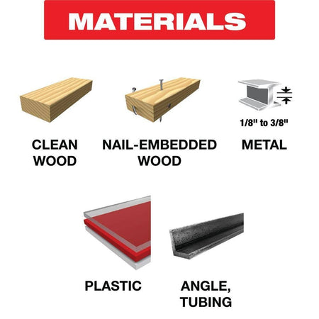 Material compatibility chart indicating the Diablo general purpose reciprocating saw blade cuts clean wood, nail-embedded wood, plastic, metal, and angle tubing.