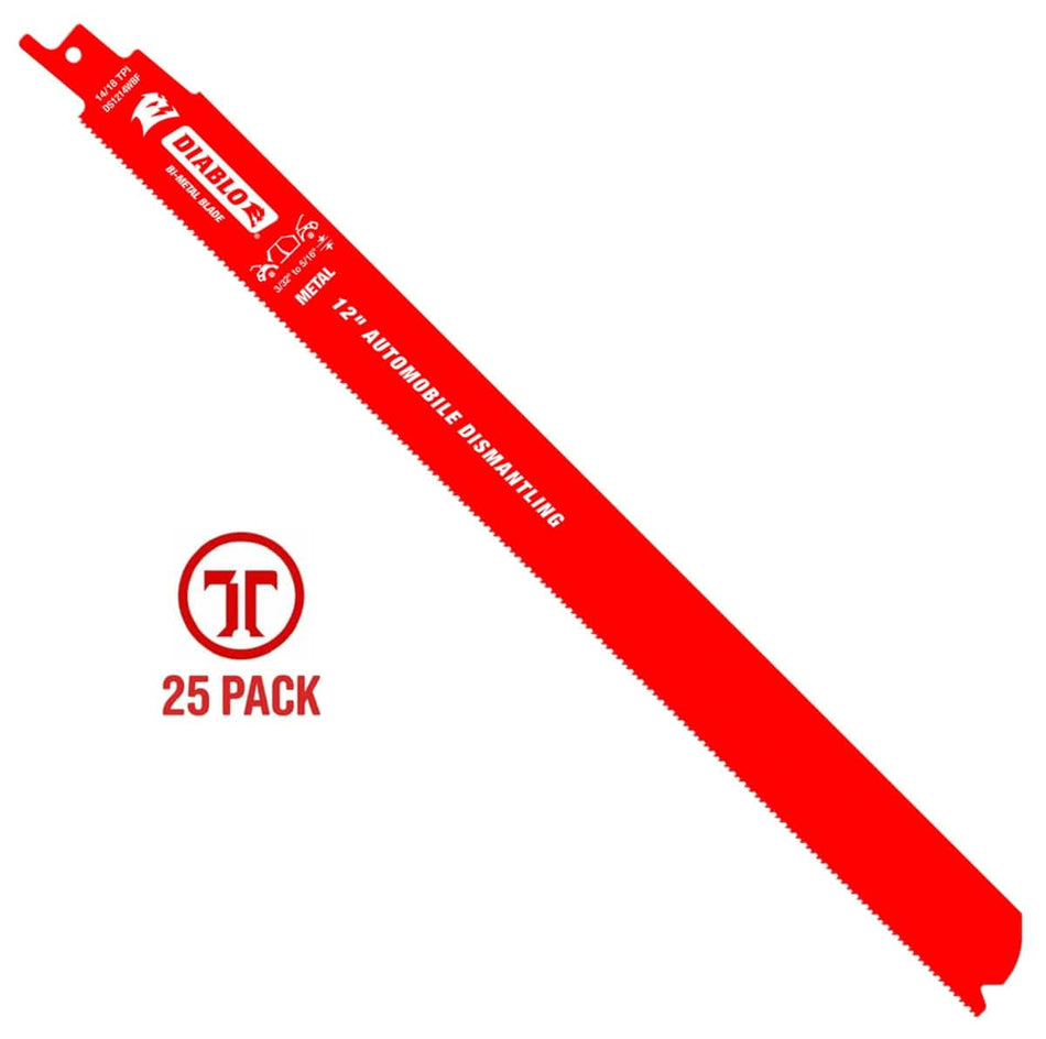 Diablo DS1214WBF25 12 inch Bi-Metal Reciprocating Saw Blades for Auto Dismantling 14/18 TPI Dual Tooth Perma-Shield Coating 25-Pack Metal Cutting