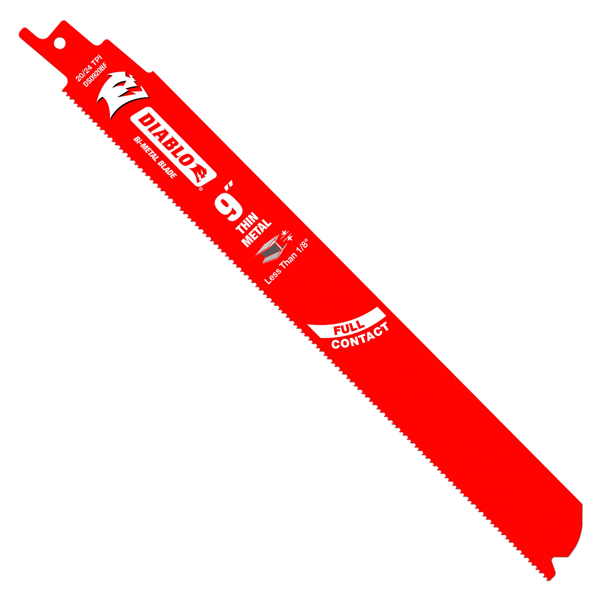 A studio product photograph of a single 9 inch Diablo Steel Demon bi-metal reciprocating saw blade for thin metal. The blade is vibrant red with white and black branding, featuring the 20/24 TPI rating, "Full Contact" arched design logo, and a specification for cutting metal less than 1/8 inch thick.