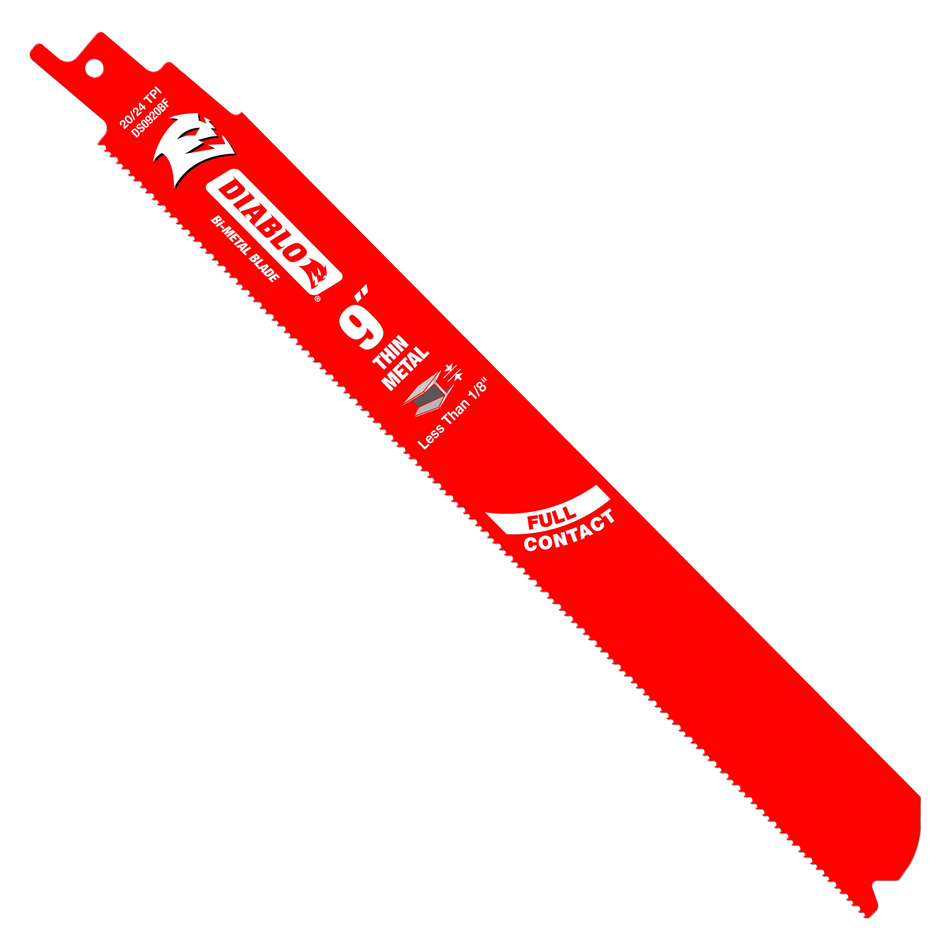 A studio product photograph of a single 9 inch Diablo Steel Demon bi-metal reciprocating saw blade for thin metal. The blade is vibrant red with white and black branding, featuring the 20/24 TPI rating, "Full Contact" arched design logo, and a specification for cutting metal less than 1/8 inch thick.