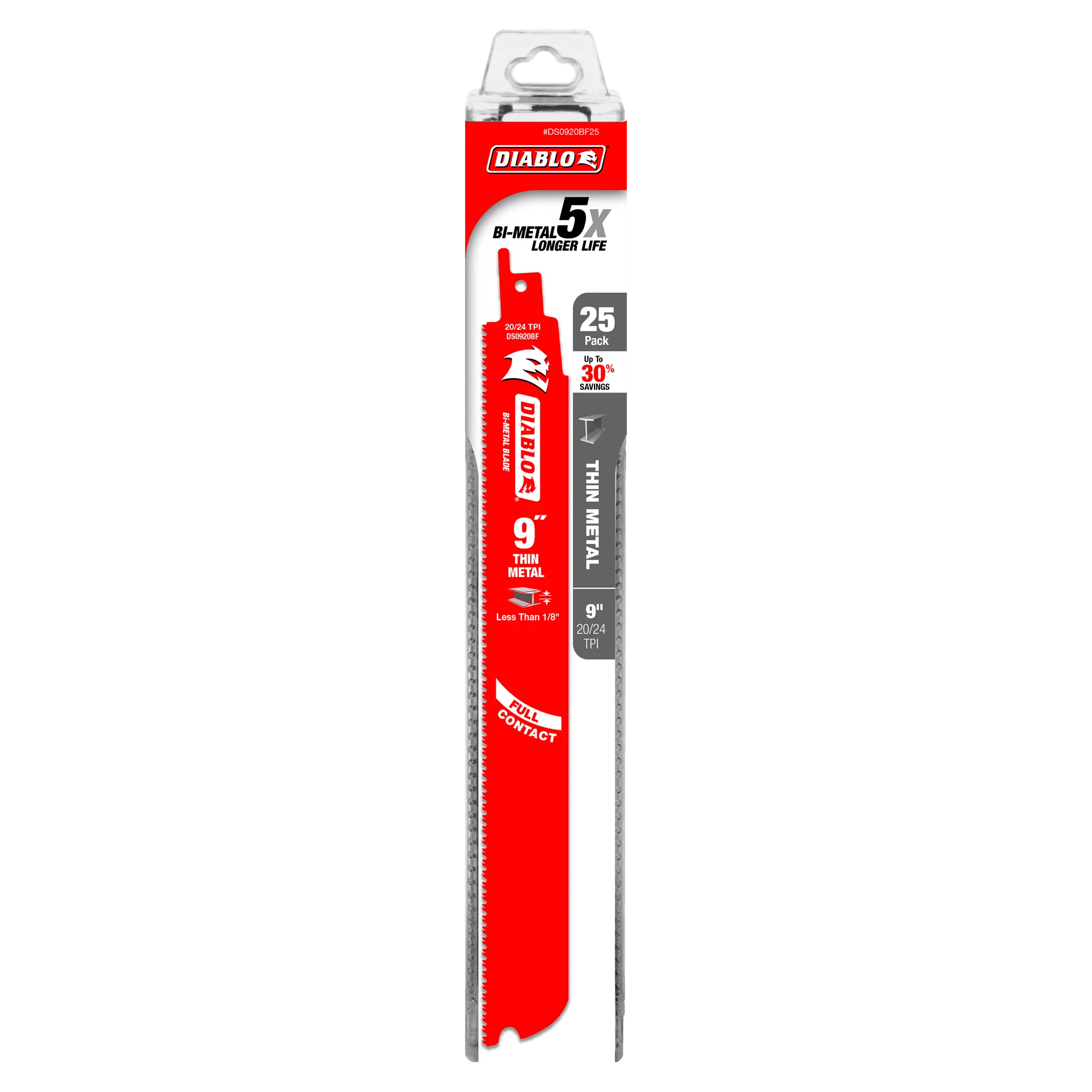 A retail product shot of the 9 inch Diablo Steel Demon bi-metal reciprocating saw blade in its original hanging card packaging. The packaging highlights the 25-pack bulk quantity, up to 30% savings, and the 5X longer life durability claim compared to standard blades.