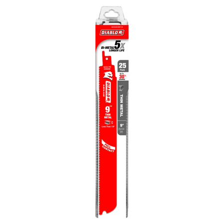 A retail product shot of the 9 inch Diablo Steel Demon bi-metal reciprocating saw blade in its original hanging card packaging. The packaging highlights the 25-pack bulk quantity, up to 30% savings, and the 5X longer life durability claim compared to standard blades.
