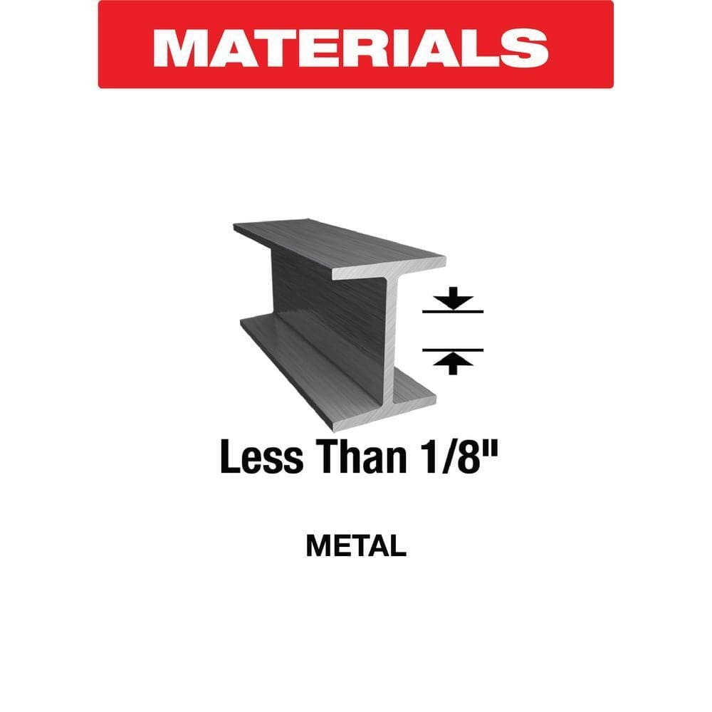 A material application graphic illustrating the capability of the Diablo bi-metal blade, featuring a 3D render of an I-beam with a "Less Than 1/8" label, specifying its optimization for thin metal and structural steel profiles.