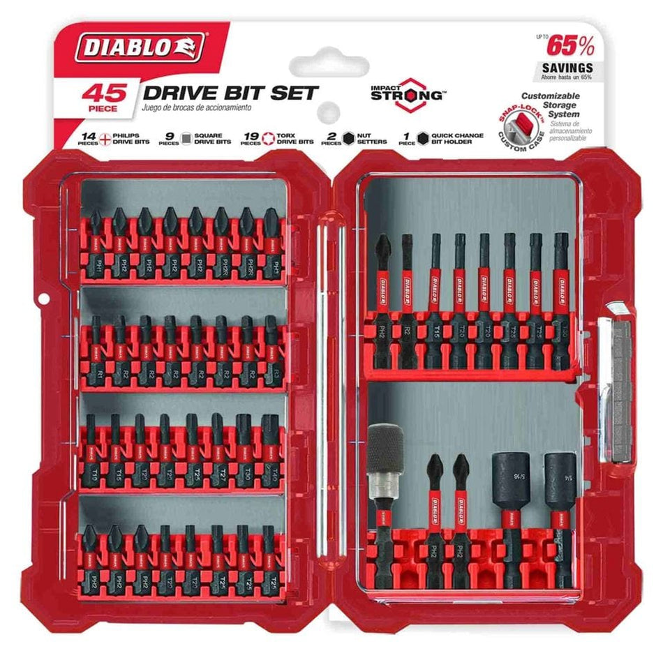 Open red hard-shell storage case containing a Diablo 45-piece drive bit set including Phillips, Square, and Torx bits, along with two magnetic nut setters and one quick change bit holder