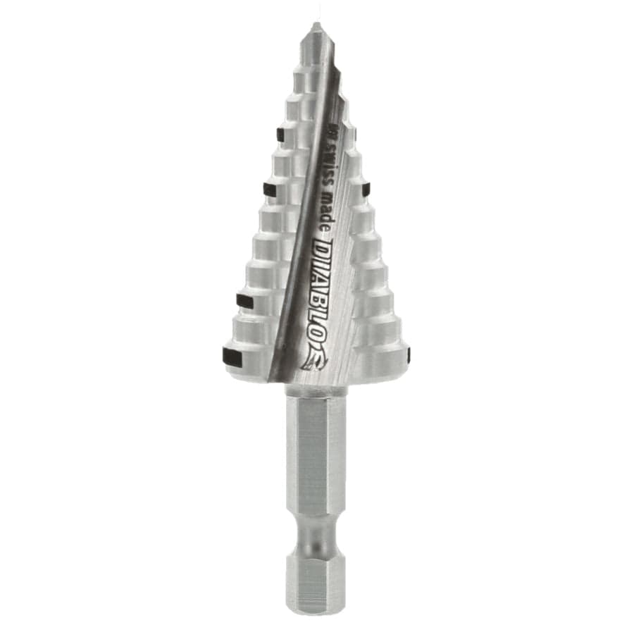 Studio shot of the Diablo 7/8 inch step drill bit standing upright, showing the full 12-step profile, dual flutes, and 1/4 inch hex shank on a white background.