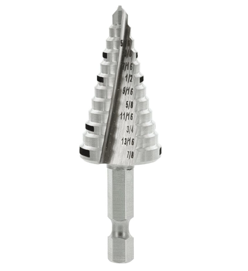 Close-up of the Diablo 7/8 inch step drill bit standing upright, displaying the 12 graduation steps with laser-etched black size markings and a 132-degree split point tip.