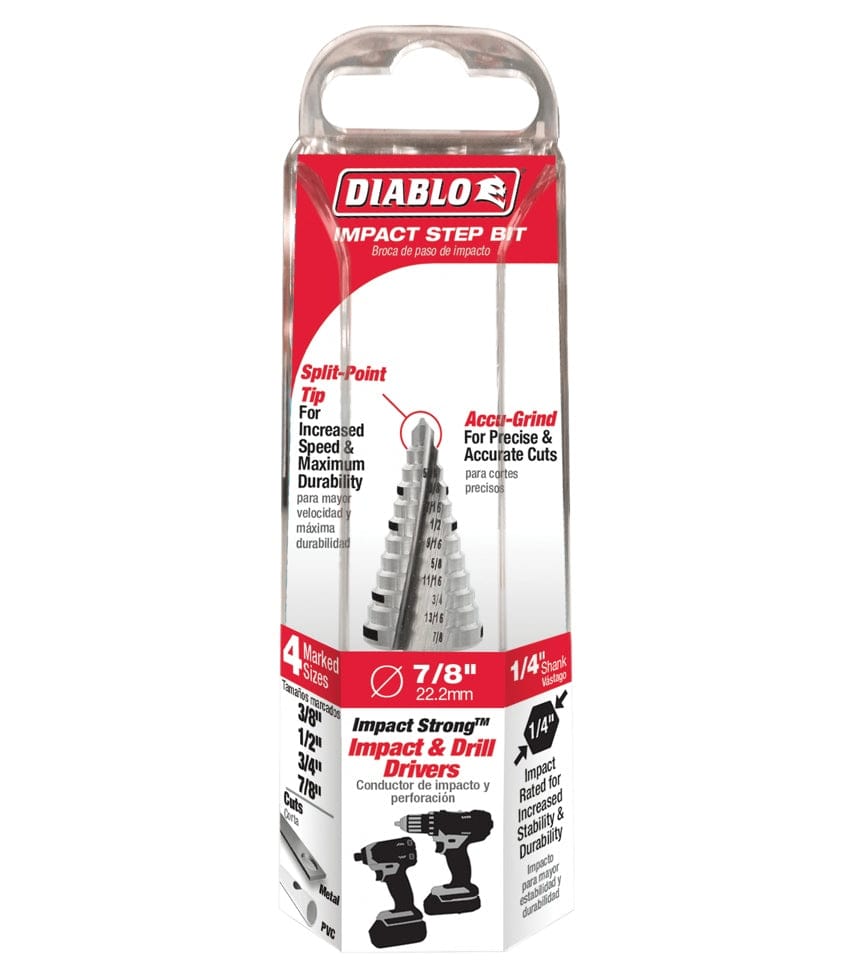 Retail packaging for the Diablo Impact Step Bit, featuring a clear case displaying the bit and highlighting features like the 7/8 inch max diameter, split-point tip, and 1/4 inch hex shank.