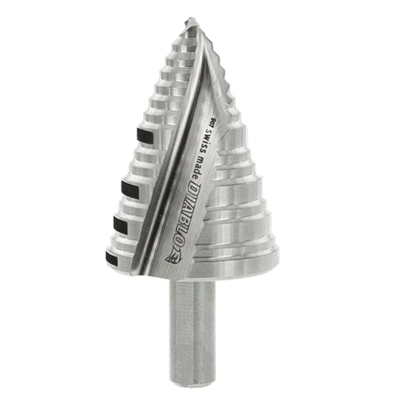 A vertical profile shot of the Diablo conical step drill bit, highlighting the precision-ground dual flutes and the laser-etched 15 steps for drilling varying hole sizes up to 1-3/8 inches.
