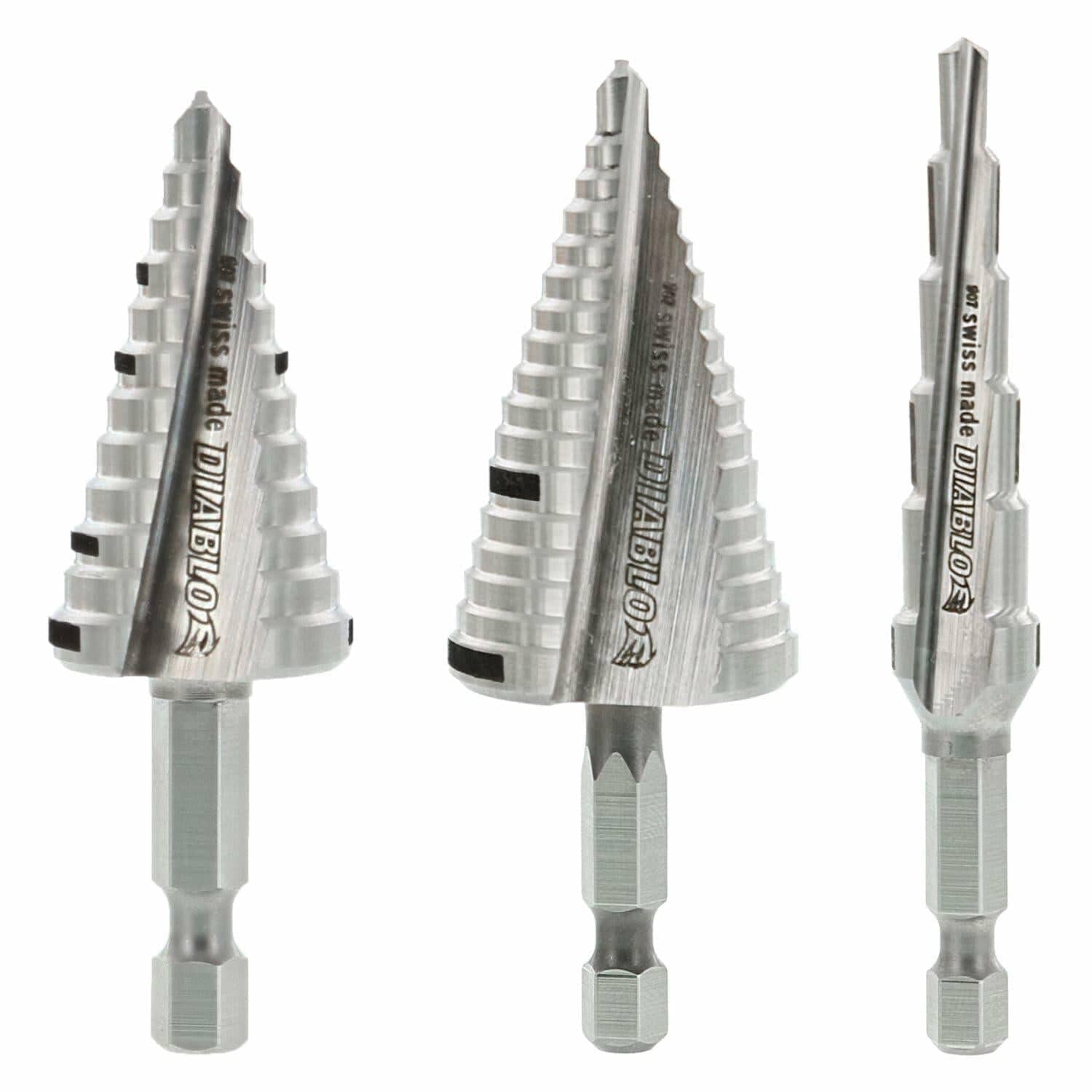 Three Diablo step drill bits with hex shanks and etched size markings; labeled “Swiss made” and designed for drilling multiple hole sizes in metal and plastic.