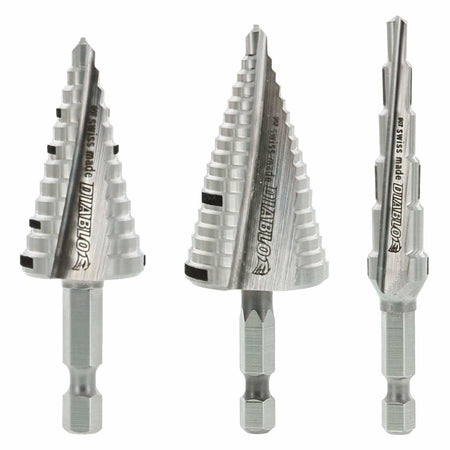Three Diablo step drill bits with hex shanks and etched size markings; labeled “Swiss made” and designed for drilling multiple hole sizes in metal and plastic.
