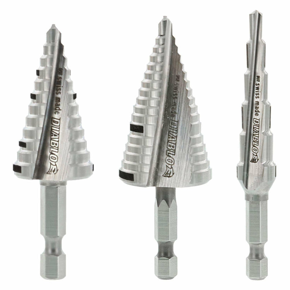 Three Diablo step drill bits with hex shanks and etched size markings; labeled “Swiss made” and designed for drilling multiple hole sizes in metal and plastic.