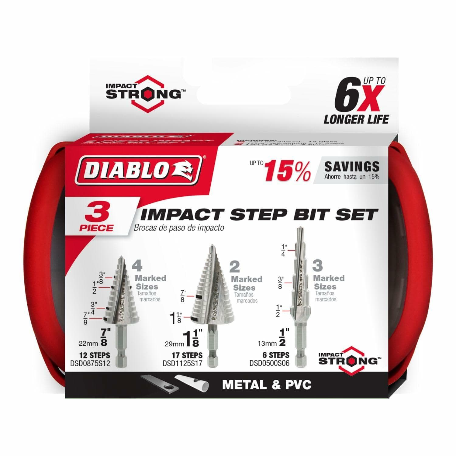 Packaged Diablo DSDS003 Impact Strong Step Drill Bit Set showing three labeled bits for metal and PVC; packaging highlights 6X longer life and 15% savings.