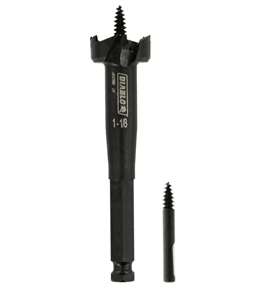 Studio shot of the black Diablo 1-1/8 inch self-feed bit standing upright with a replacement feed screw next to the hex shank.