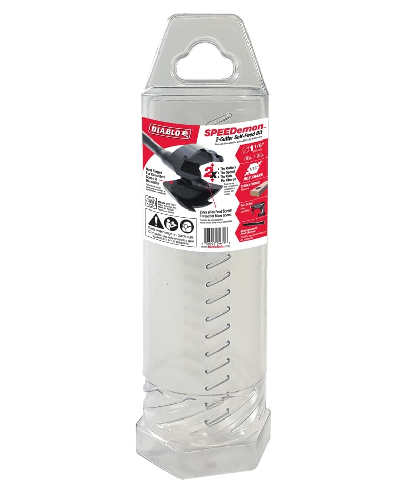 Retail packaging for the Diablo 1-1/8 inch SPEEDemon self-feed bit, featuring a clear case highlighting the 2-cutter design and size specifications.