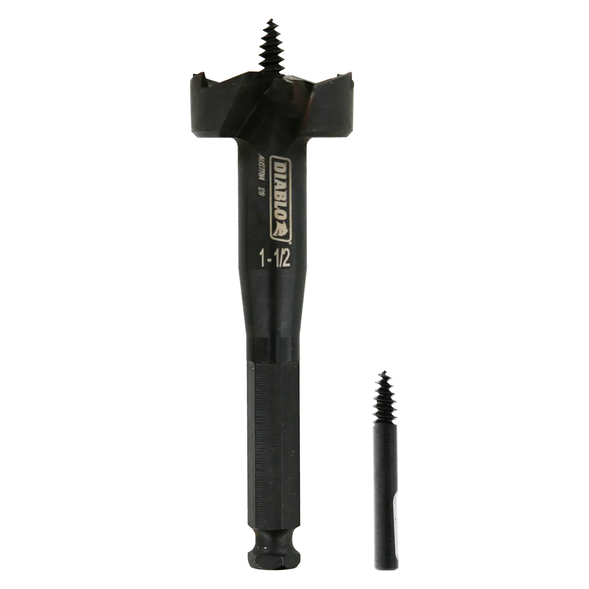 Studio shot of the black Diablo 1-1/2 inch self-feed bit standing upright with a replacement feed screw next to the hex shank.