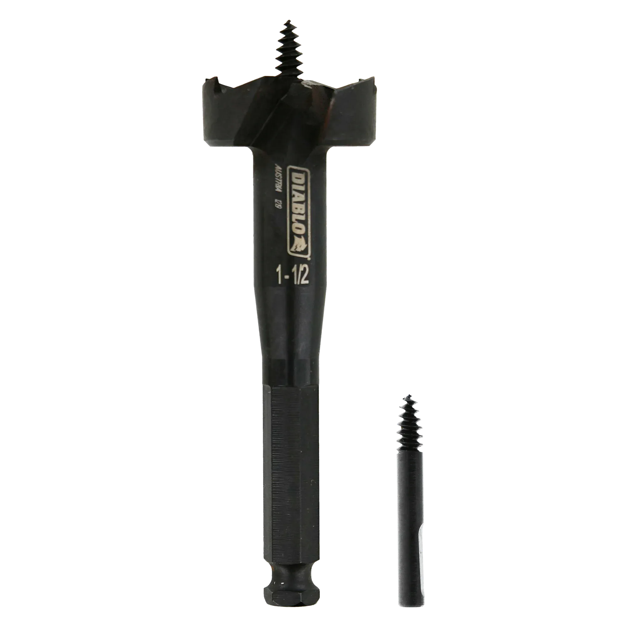 Studio shot of the black Diablo 1-1/2 inch self-feed bit standing upright with a replacement feed screw next to the hex shank.