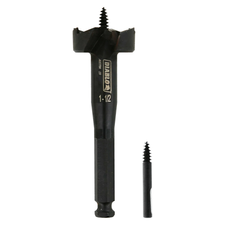 Studio shot of the black Diablo 1-1/2 inch self-feed bit standing upright with a replacement feed screw next to the hex shank.