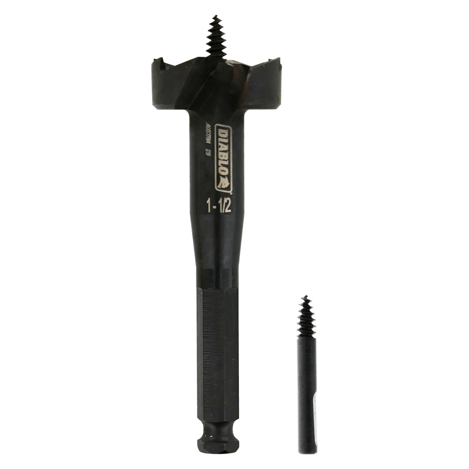 Studio shot of the black Diablo 1-1/2 inch self-feed bit standing upright with a replacement feed screw next to the hex shank.