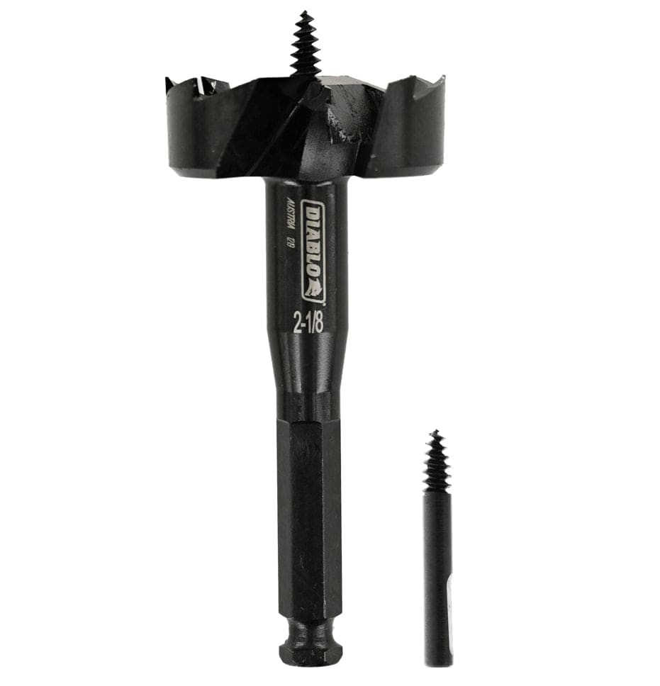 Studio shot of the black Diablo 2-1/8 inch self-feed bit standing upright with a replacement feed screw next to the hex shank.