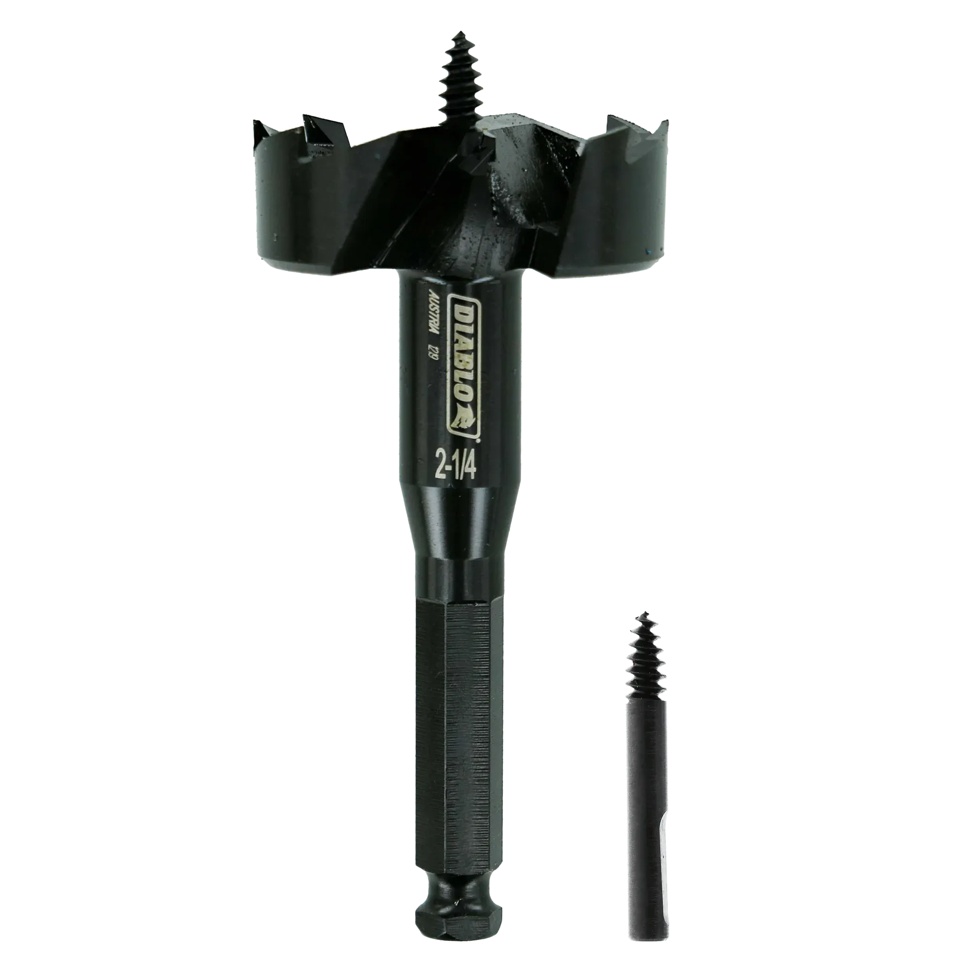 Studio shot of the black Diablo 2-1/4 inch self-feed bit standing upright with a replacement feed screw next to the hex shank.