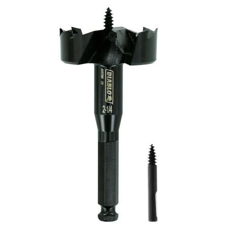 Studio shot of the black Diablo 2-1/4 inch self-feed bit standing upright with a replacement feed screw next to the hex shank.