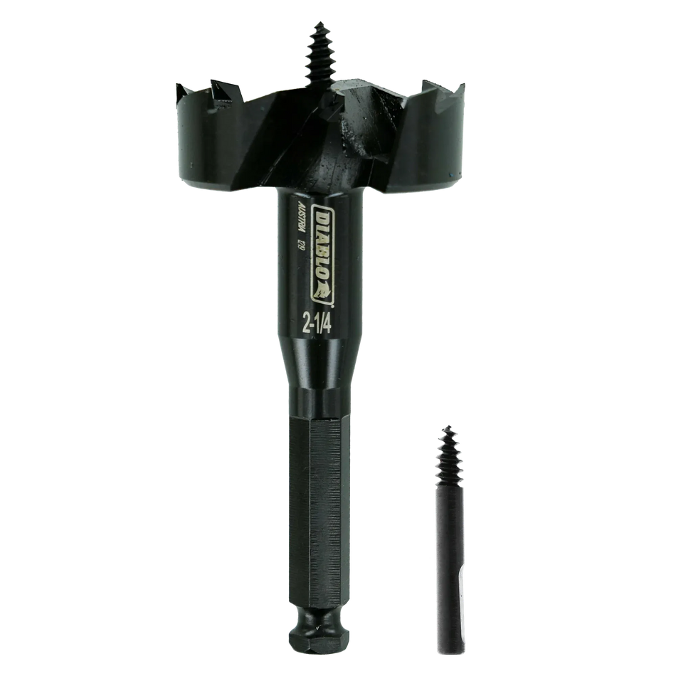 Studio shot of the black Diablo 2-1/4 inch self-feed bit standing upright with a replacement feed screw next to the hex shank.