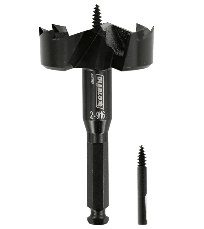 Studio shot of the black Diablo self-feed bit standing upright with a replacement feed screw next to the 7/16 inch hex shank.