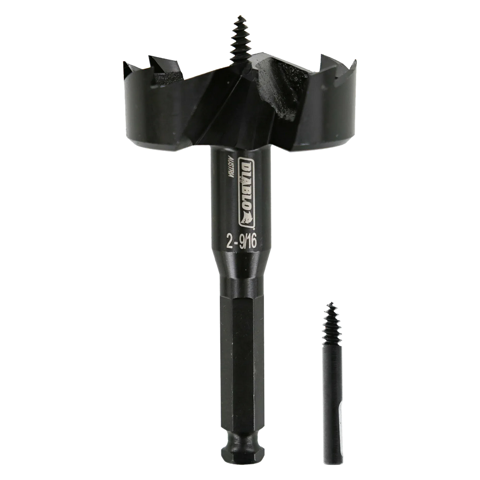 Studio shot of the black Diablo self-feed bit standing upright with a replacement feed screw next to the 7/16 inch hex shank.